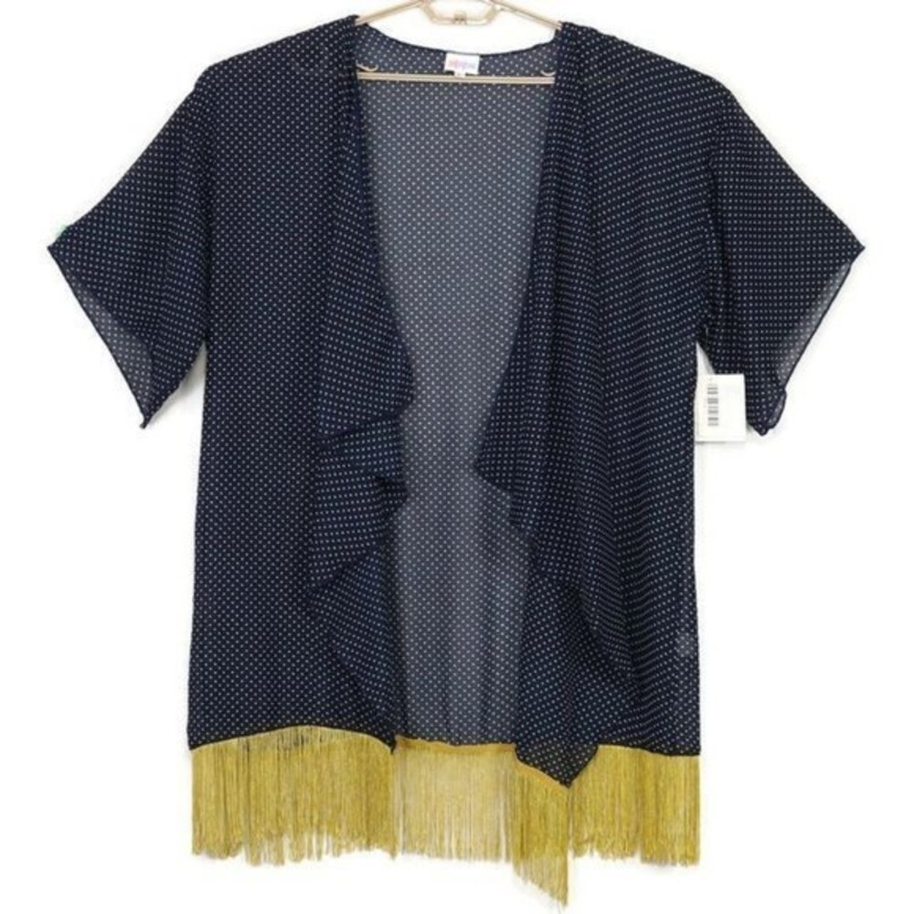 LuLaRoe Monroe Kimono Blue White Polka‎ Dot Gold Fringe L Large